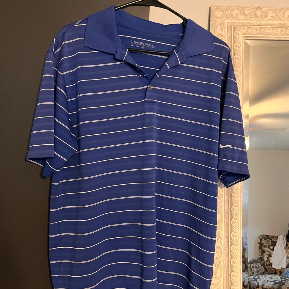 Nike Men's Blue and White Striped Polo Shirt